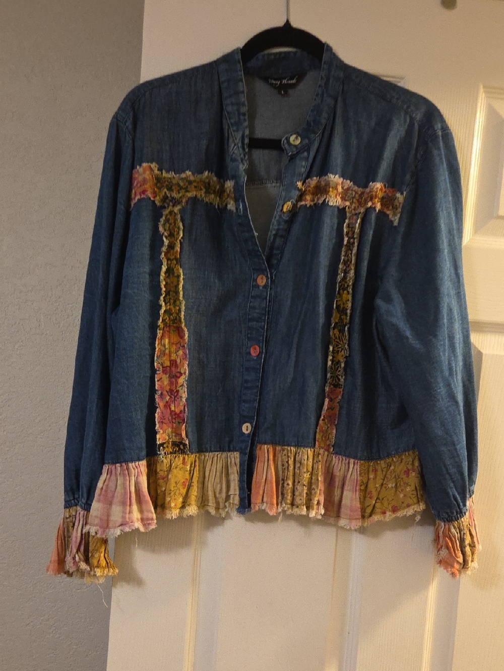 Cotton denim jacket, Young Threads, patchwork boho style with fringe trim
